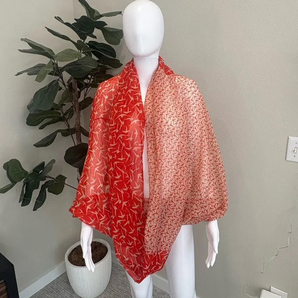 All Over Flying Bird Print Eternity Scarf Dark Orange & Ecru Lightweight Gauze
